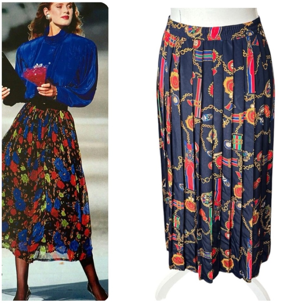 Vintage Pleat Skirt 80s 90s Retro Medallion Anchor Gold Chain Blue Size Large XL